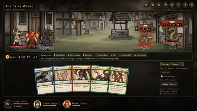 A card fight in a village square: the Warden, Tamsin and Kestra against a thorn-wolf and a briar snake.