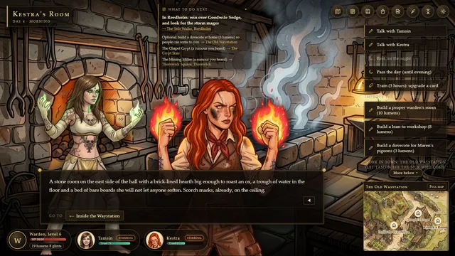 Kestra's room at the waystation, a forge-hot stone room, with Tamsin beside her.