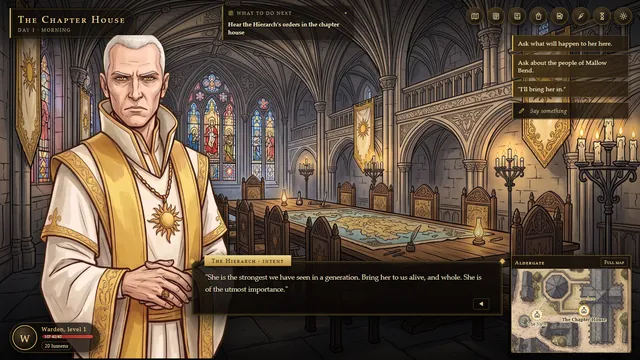 A painted scene in the chapter house: the Hierarch speaks, with the Warden's choices on the right.