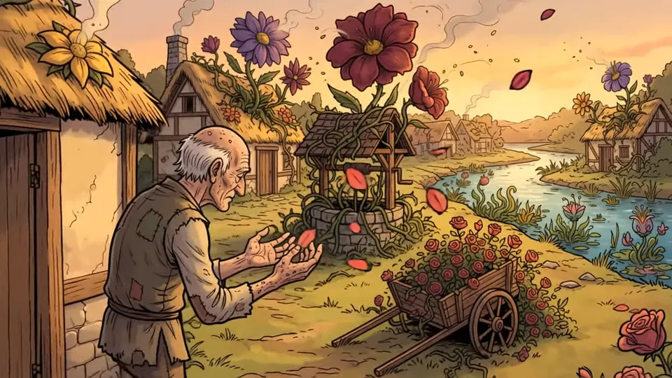 An old man in a sunlit village reaching for a red flower that has burst from the well.